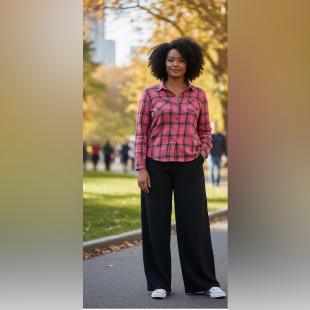 NEW-2XXL Pink Plaid Button-Up &
Navy Elastic waist drawstring, lounge Pants Set